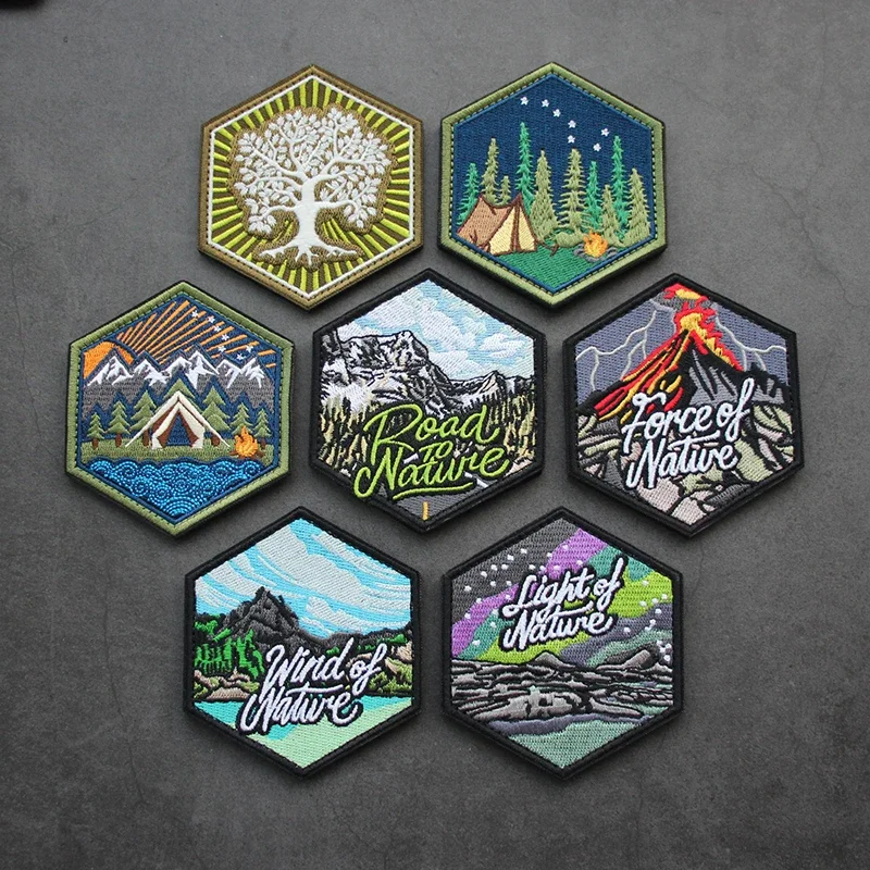 Nature Volcano Snow Leopard Embroidery Patches Campsite Mountain Wind Twin Peaks River Luminous Tactical Badge for Clothes Decor