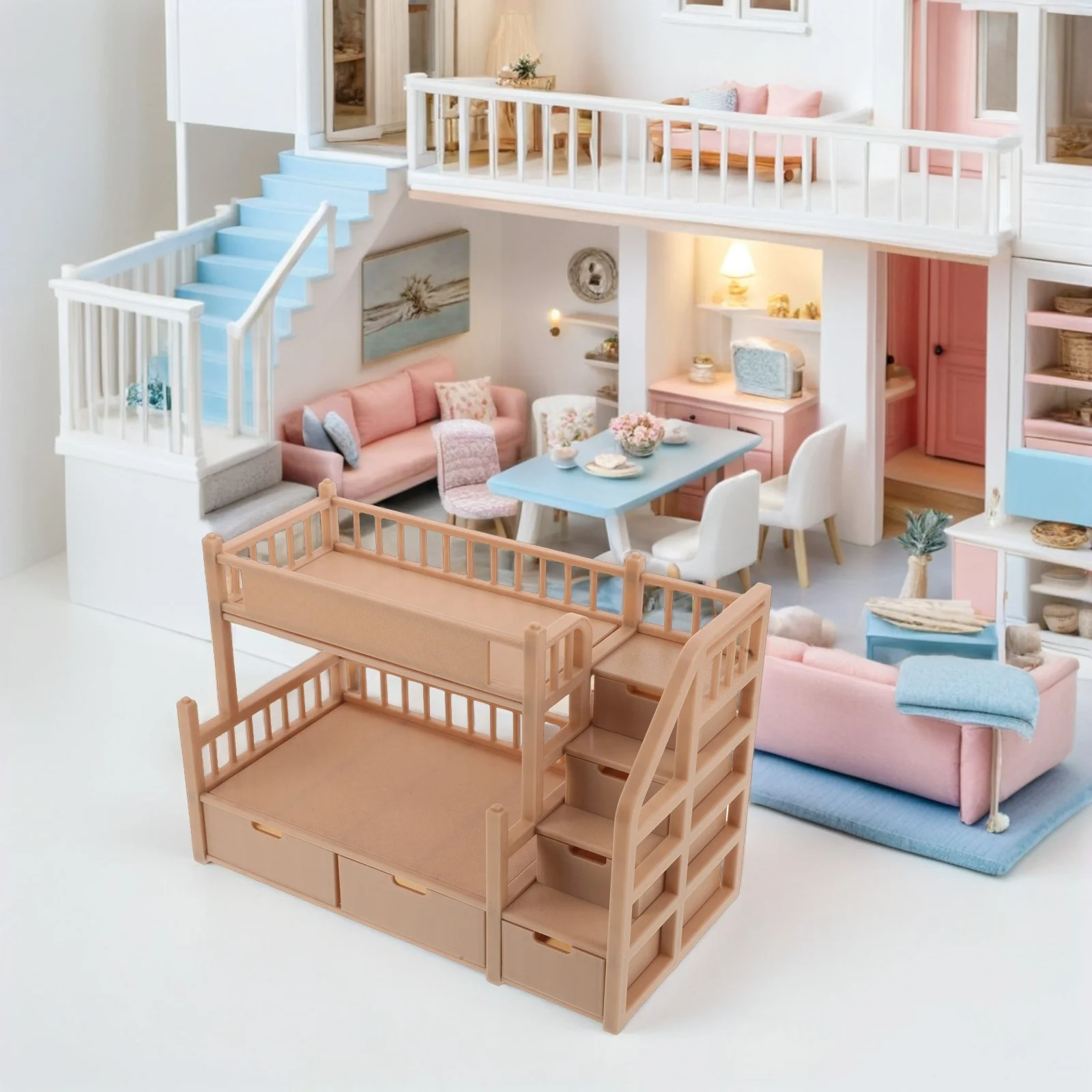 シミュレーションミニチュア二段ベッド木製仕上げダブル構造広々とした引き出し子供の寝室の装飾ドールハウス家具