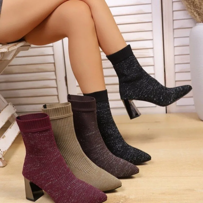 Women's Knit Stretch Sock Boots, Pointed Toe Chunky Heel Ankle Boots, Glitter Elastic Booties for Work, Party, Daily Wear Autumn