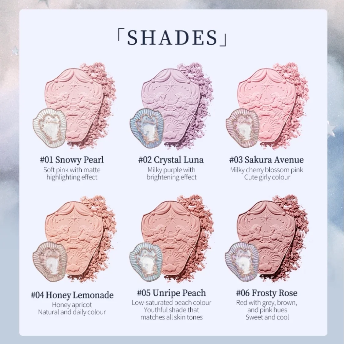 Flower Knows Unicorn-Rouge, natürliches Wangenrouge, Make-up, 6 Farben, 5 g, Make-up, Snowy Pearl, komplett mattes, ultrafeines Puder