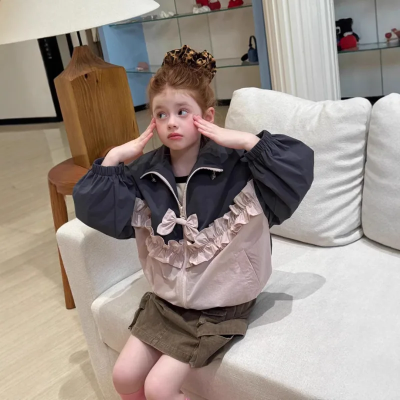 26 Spring Summer New Korean Sweet Girls Bow Drawstring Waist Lace Jacket Trench Coat 2-14 Years Toddler Outfit Windproof Outfit