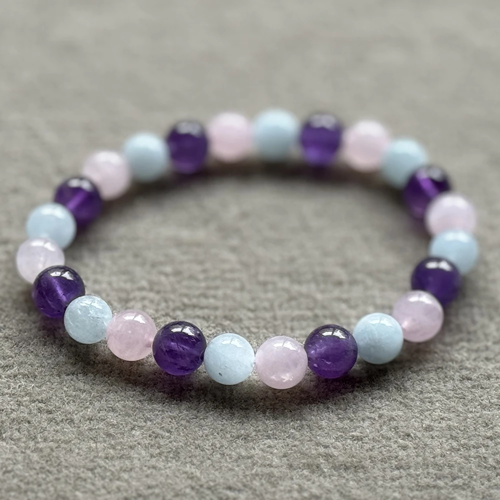 MG2107 Aquamarine Amethyst Madagascar Rose Quartz Mixed Gemstone Bracelet New Arrival Womens Chakra Yoga Wrist Mala