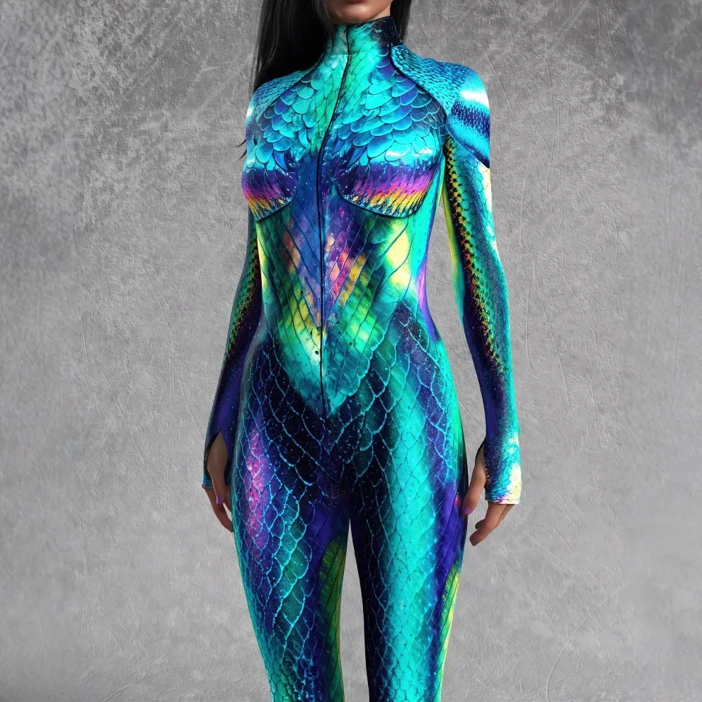

Zawaland Women Mermaid Jumpsuit Halloween Party Cosplay Costume 3D Fish Scale Print Performance Bodysuit Festival Zentai Catsuit