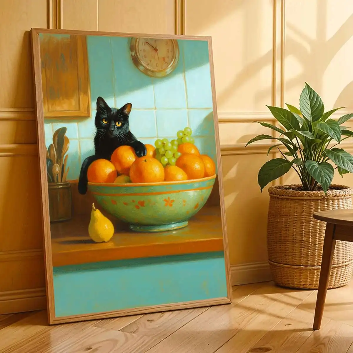 Vintage Oil Painting Black Cat Fruits Canvas Poster Wall Art,2D Print Wall Decor,Aesthetic Home Gift For Kitchen Dining Room