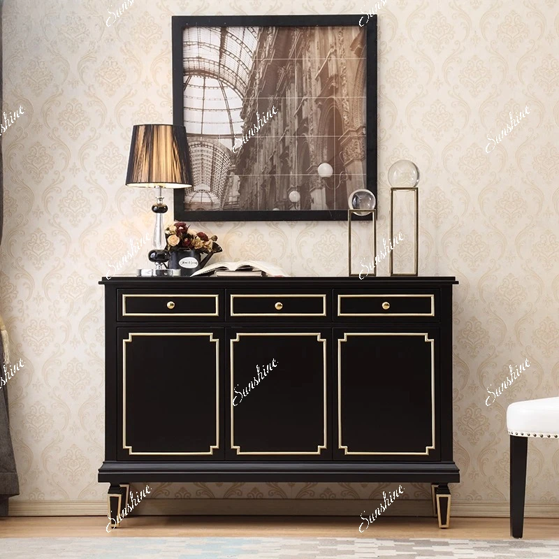 

Neoclassical black gold-painted entrance cabinet, simple dining side cabinet in living room