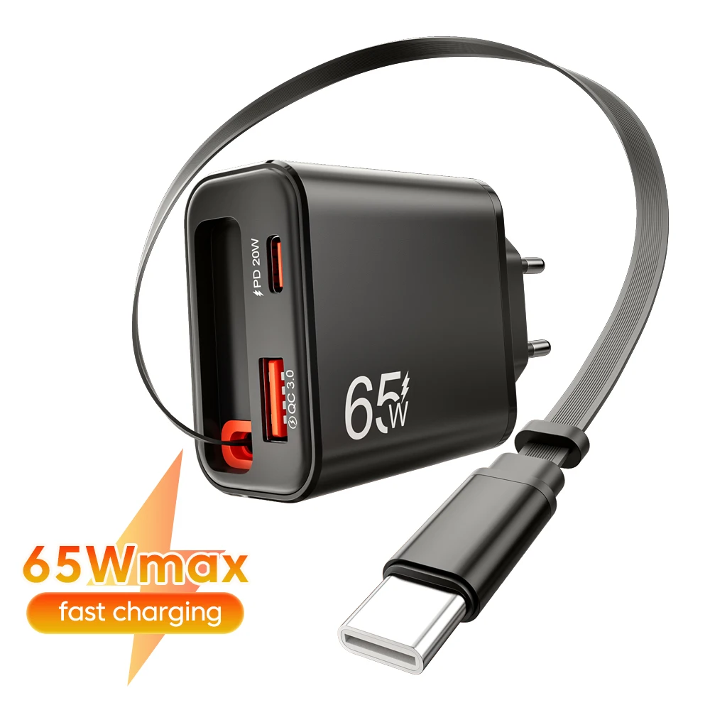 65W USB Fast Charging Charger Type C Quick Charger 3.0 Wall Adapter With Retractable PD Cable For iphone Samsung Huawei Xiaomi
