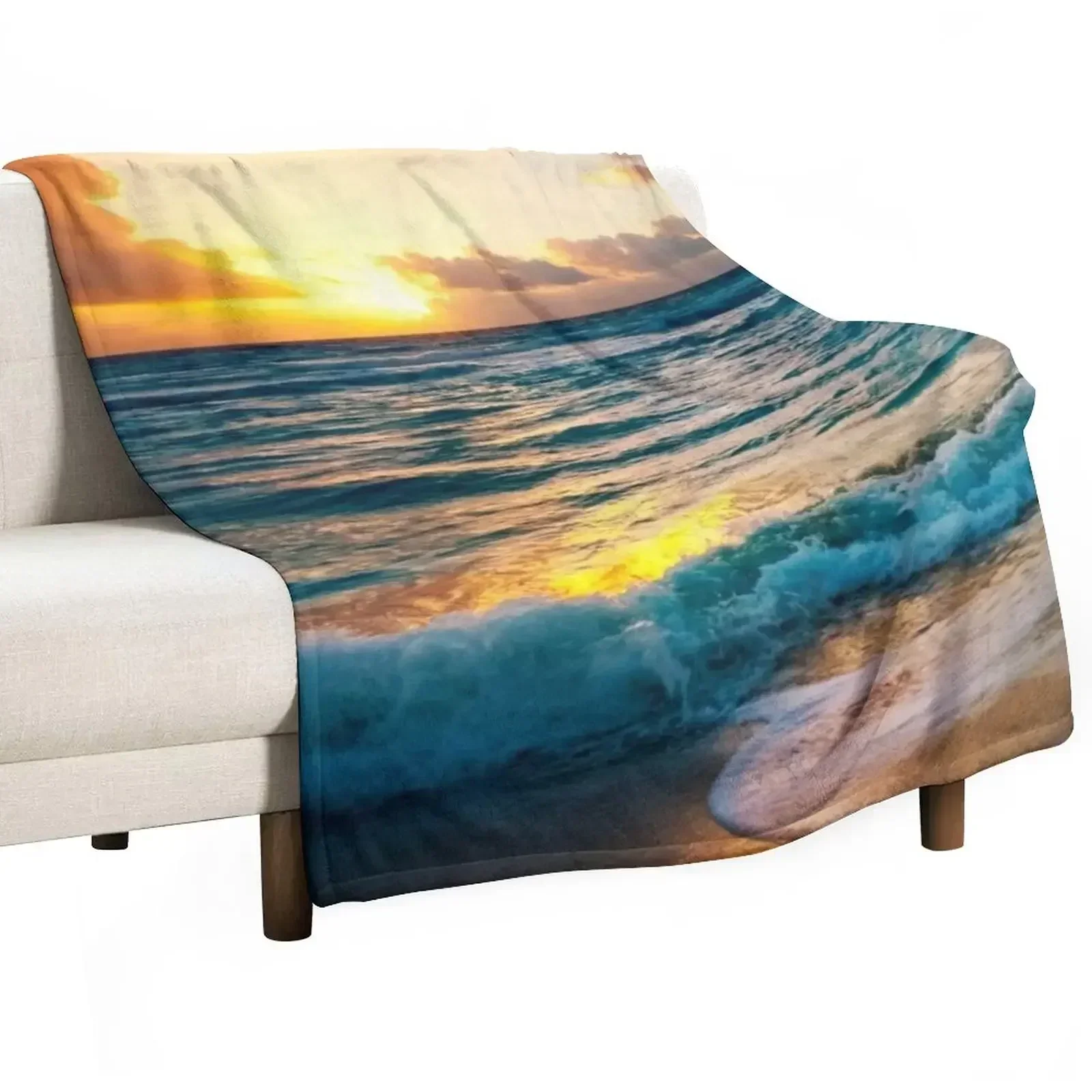 Blue deep ocean waves with sunset beach Throw Blanket valentine gift ideas Sofa Blankets