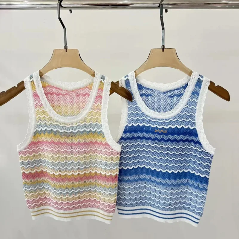 

Высококачественный вязаный укороченный топ с волнистым узором, женский повседневный жилет, модная корейская версия, ор Све, круглый дизайн Ne