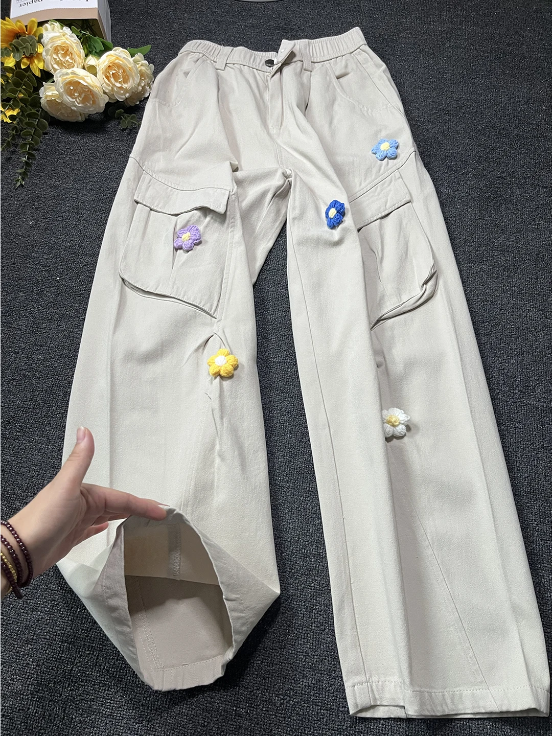 

Floral Embroidery Wide Leg Casual Pants High Waist Straight Cut Loose Fit Summer Jeans for Teenage Boys American Retro Workwear