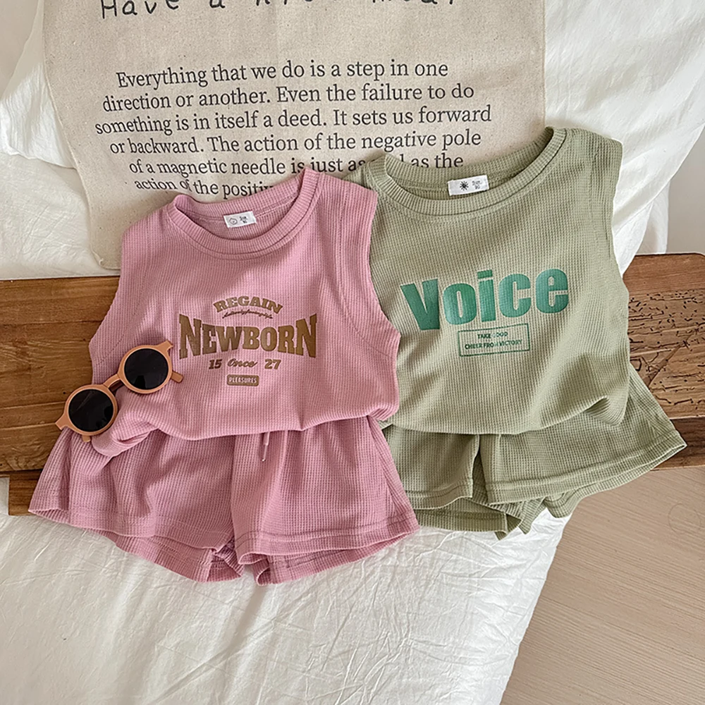 1-8T Kids Vest+Shorts 2Pcs Summer Korean Style Children Clothes Sets Girls Boys Casual Sleeveless Letter T-Shirts+Hot Pants Suit