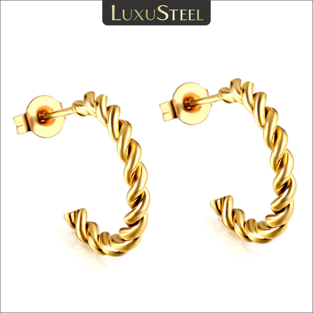 LUXUSTEEL Einfache Twisted Rope Creolen für Frauen Goldene Farbe Edelstahl C Form Metall Runde Ohr Zubehör Koreanische 2023