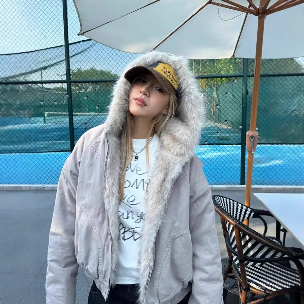 

Куртка с капюшоном и меховым воротником в стиле ретро, женская уличная зимняя новая бархатная утолщенная теплая свободная повседневная куртка