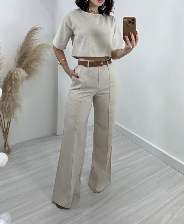 Women's 2024 Summer Two Piece Pants Set Solid Color Round Neck Short Sleeve Umbilical Top+Straight High Waist Wide Leg Pants