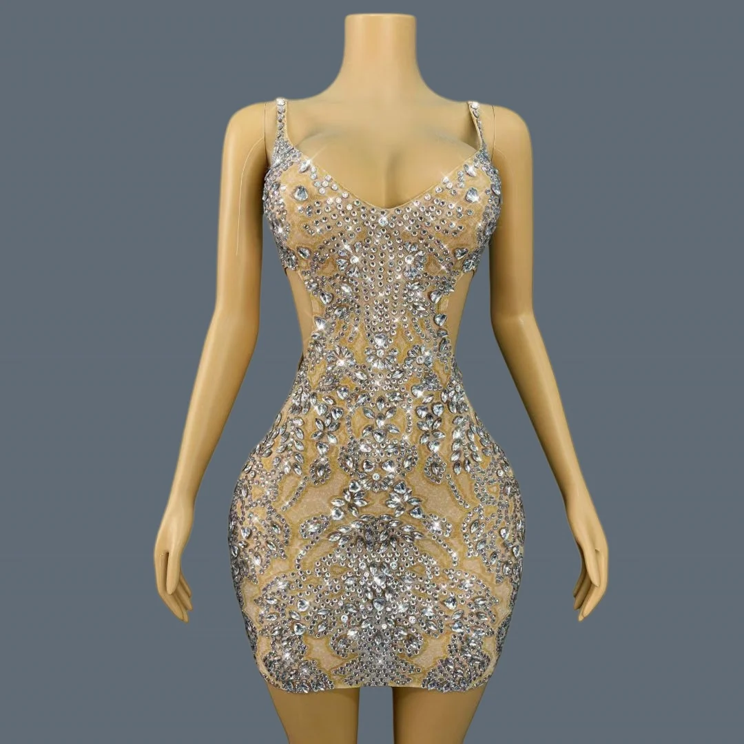 Luxury High-end Sparkly Crystals Mini Dress Women Tight Fitting Cocktail Dress Birthday Celebrate Party Dance Outfit Xuebing