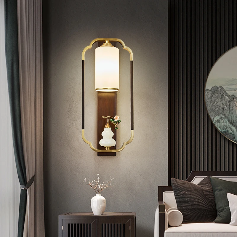 

Creative new Chinese wall lamp solid wood all copper zen living room TV background wall bedside modern decorative lamp wall lamp