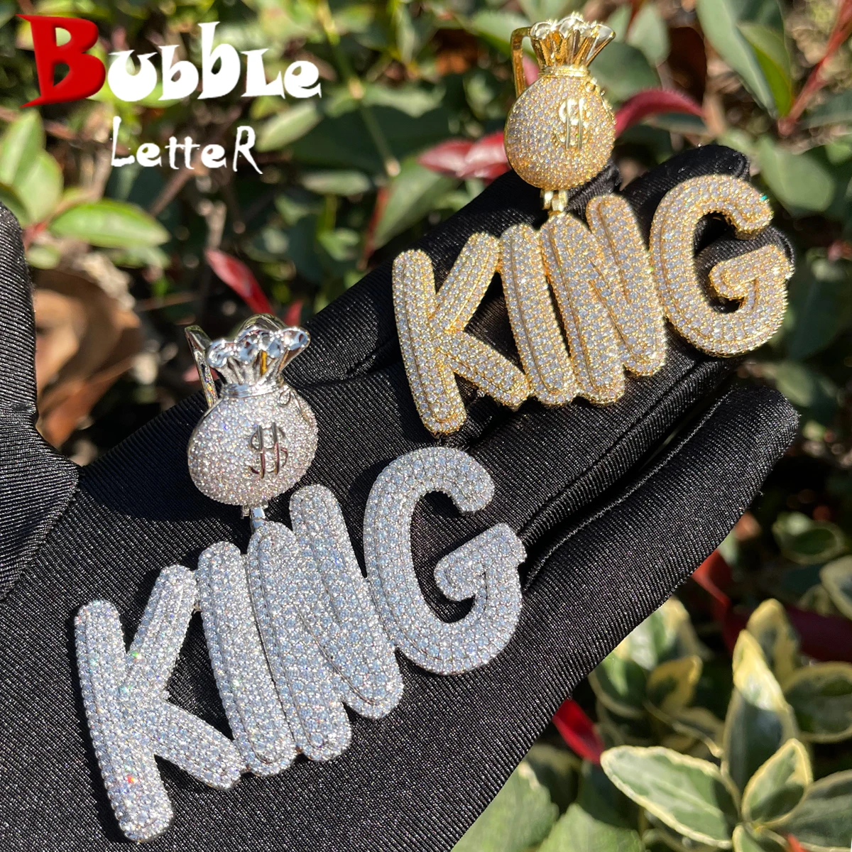 Bubble Letter Custom Name Necklace for Men Money Bag Bail Iced Out Personalized Pendant Prong Setting Hip Hop Jewelry