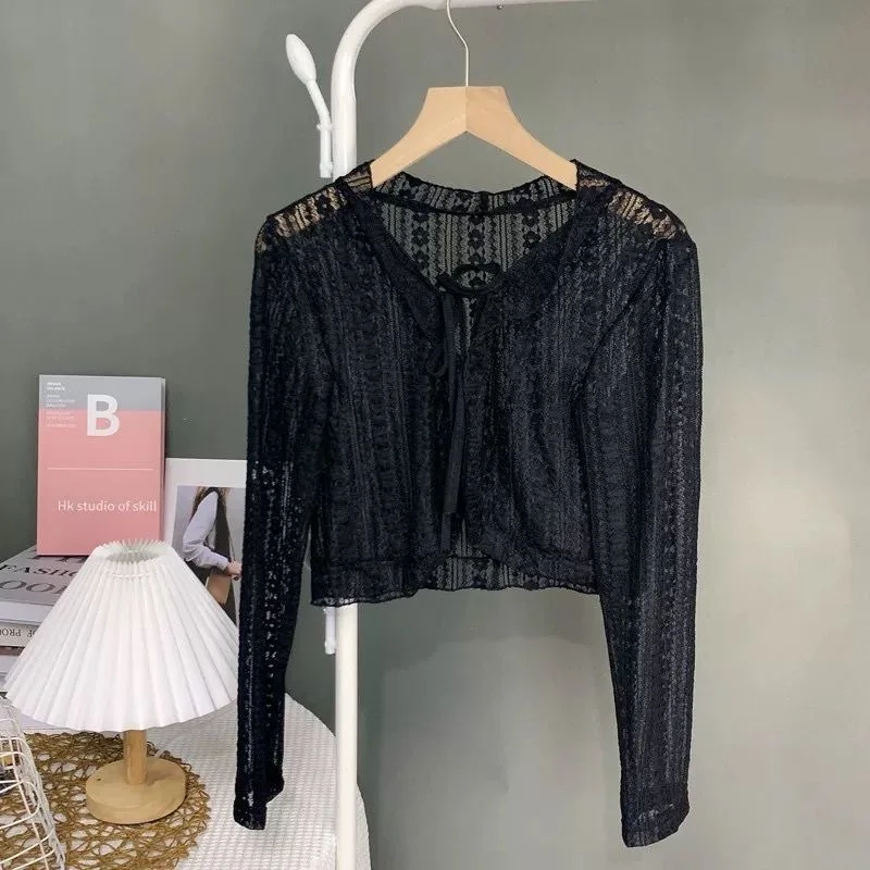 Women Lace Bow Ruffle Sun Protection Cardigan Summer Casual Loose Blouse Tops Y2K Korean Style Thin Cover Up Coat Female Shirt