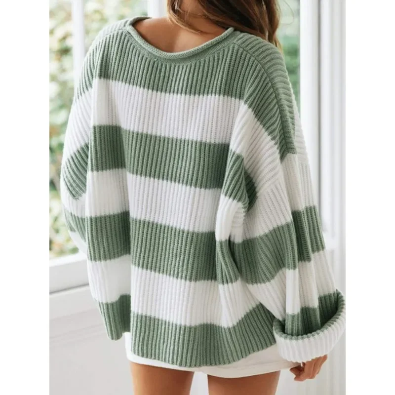 Suéter de retazos informal a rayas con cuello redondo a la moda para otoño e invierno de talla grande 1XL-5XL para mujer