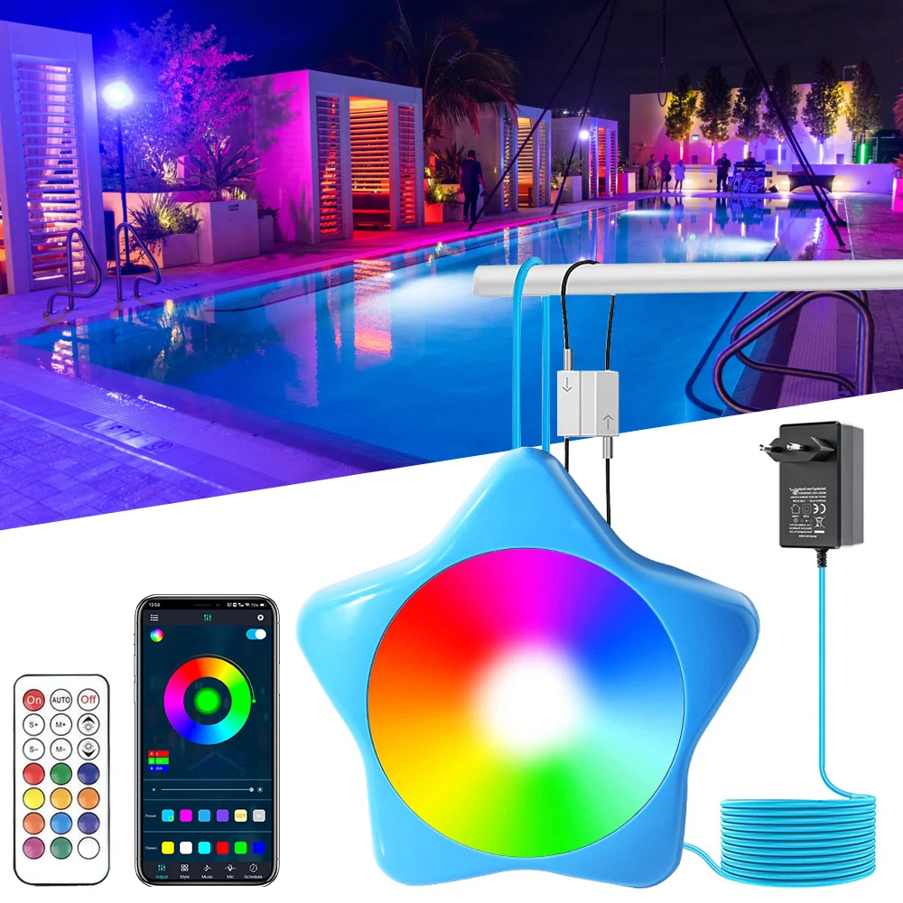 إضاءة المسبح تحت الماء مع جهاز تحكم عن بعد ذكي ، تعليق متغير الألوان بألوان الضوء RGB ، مصباح أمامي لحمام السباحة ، مصباح مقاوم للماء ، 20 واط