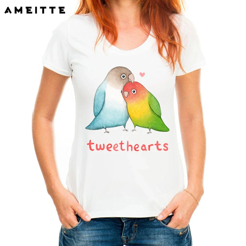 AMEITTE 2019 Summer Tops Cute Parrot lovebirds Print T Shirts Base O-Neck Short Sleeve Women T shirt All-match White Tee Shirt