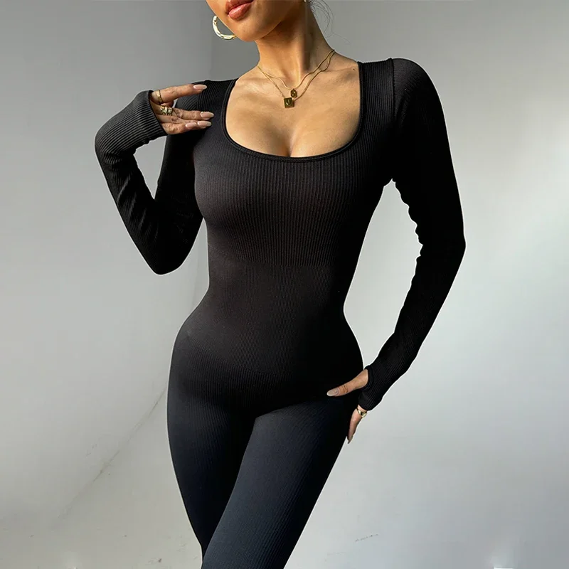 Black Jumpsuits Women Ribbed Longsleeve Sport Romper Female Gym Workout Clothes Fitness Overalls  Sporty Bodysuits Winter