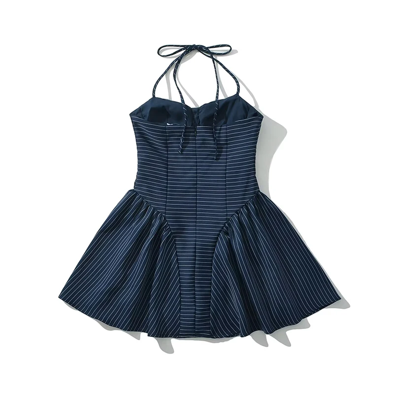 YENKYE Sexy Backless Strapless Halter Mini Dress Women Front Button Striped Low Waist Summer Dresses Fit And Flare Party Robe