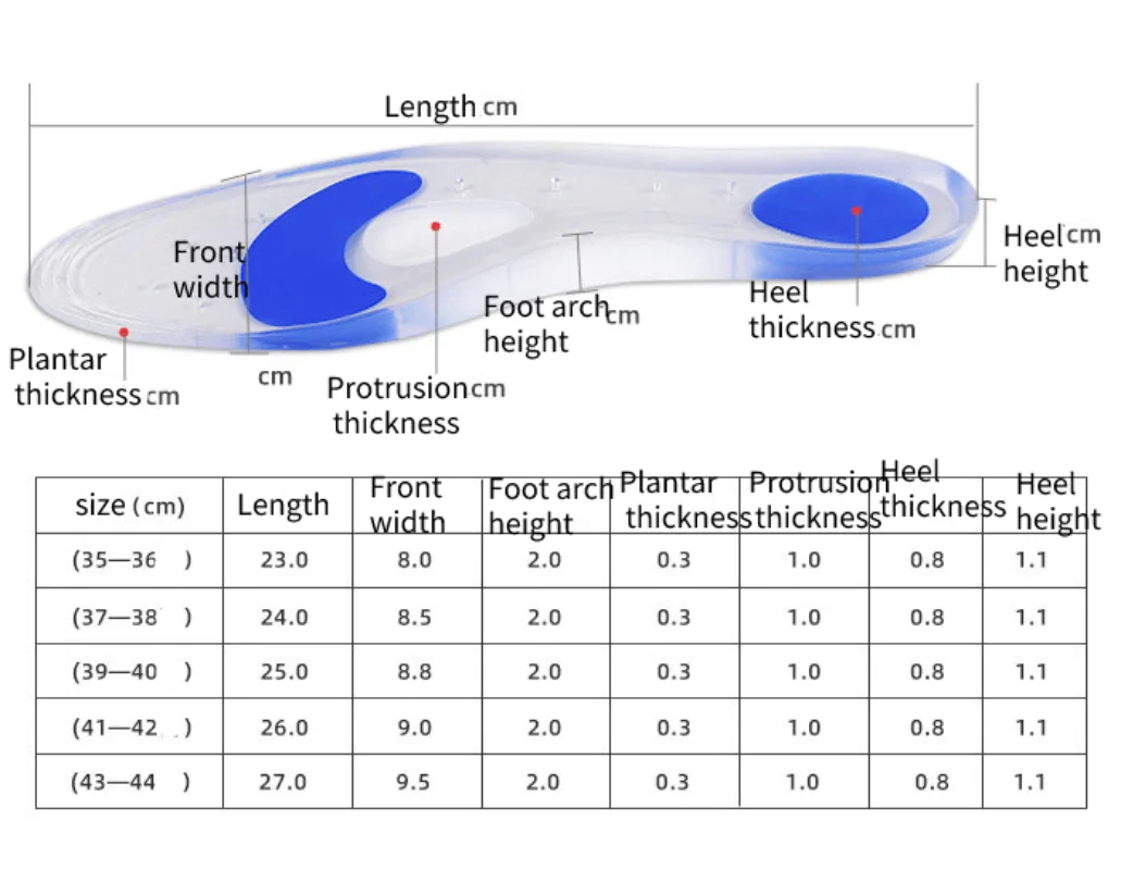 2 peças = 1 par de sapato de silicone, palmilha ortopédica completa, suporte para arco, esporte, corrida, inserção, almofada de pé para homens e mulheres, tamanho 35-44