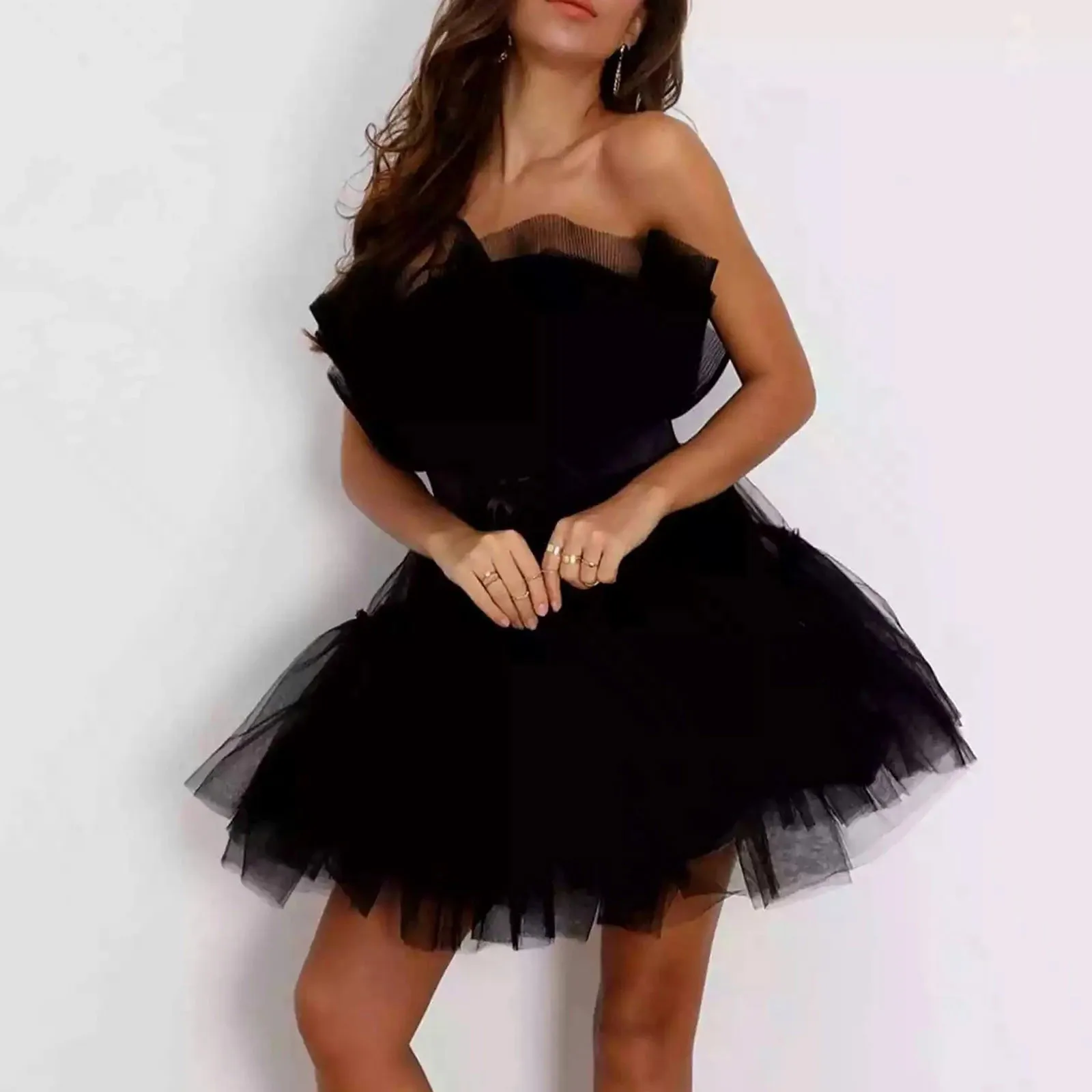 Tulle Dress Women Short Puffy Prom Dress Strapless Mesh Birthday Fairy Dresses Ruffle Cocktail Gown Party Dress Vestidos 2024