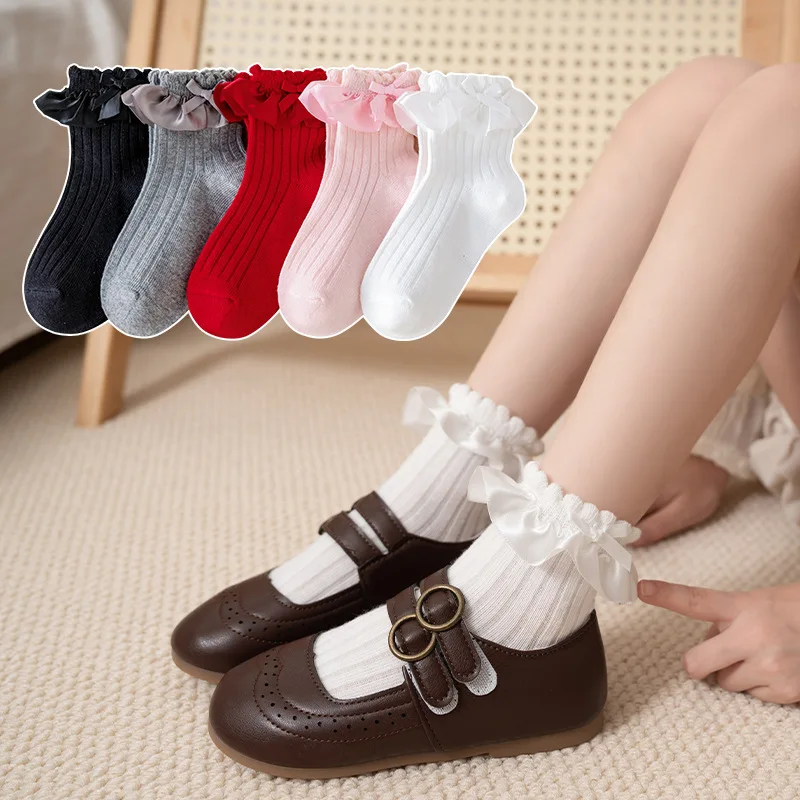5 Pairs/lot Baby Girls Toddlers Soft Cotton Socks Lace Children School Uniform Socks For 1 to 12 Years