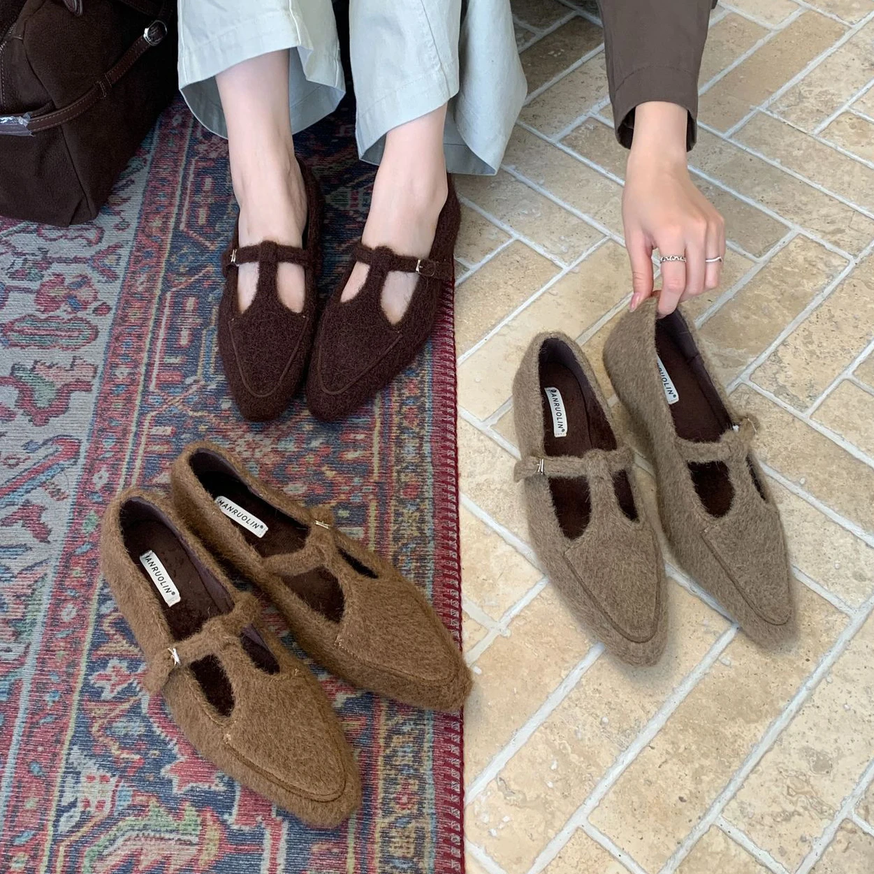 Alionly 2026 New Lamb Wool Inner Slippers Pointed End Imitation Suede Short Heel Outer Slippers Color Block Woman Shoes