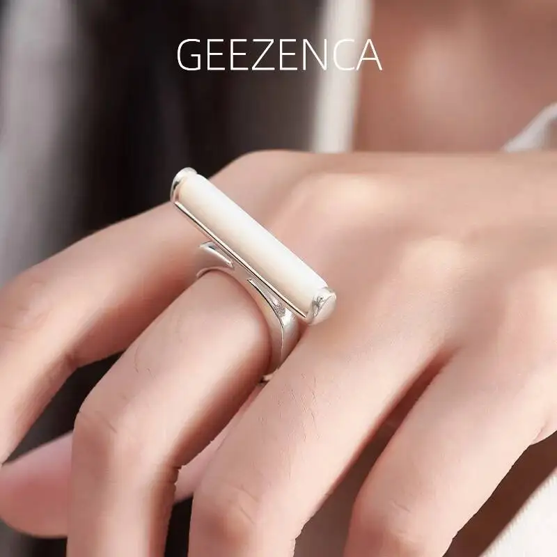 GEEZENCA 925 Sterling Silver White Mother Of Pearl Adjustable Ring Women Balance Beam Shape Simple Statement Rings Party Gift