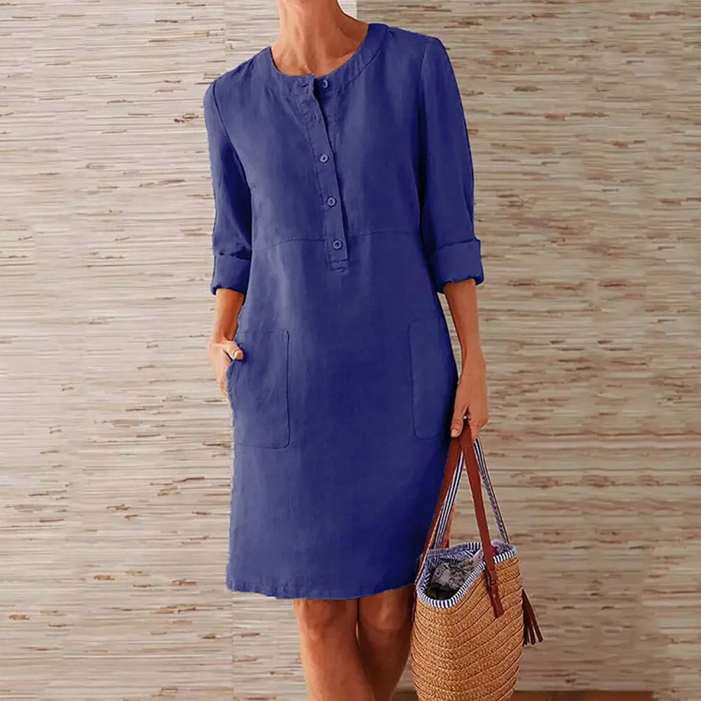 

Jocoo Jolee Women Casual Soild Long Sleeve Cotton and Linen Tunic Dress Vintage Straight Dress Long Sleeve Oversized Mini Dress