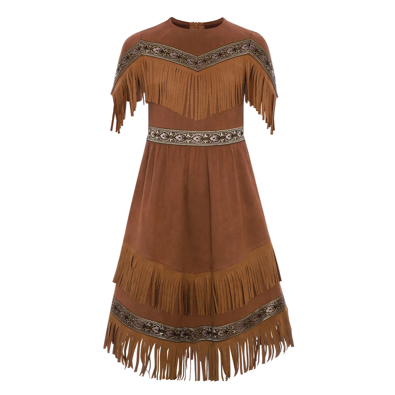 キッズガールズネイティブコスプレ衣装ハロウィンカーニバルテーマパーティーロールプレイドレス半袖フリンジ二重層タッセル裾