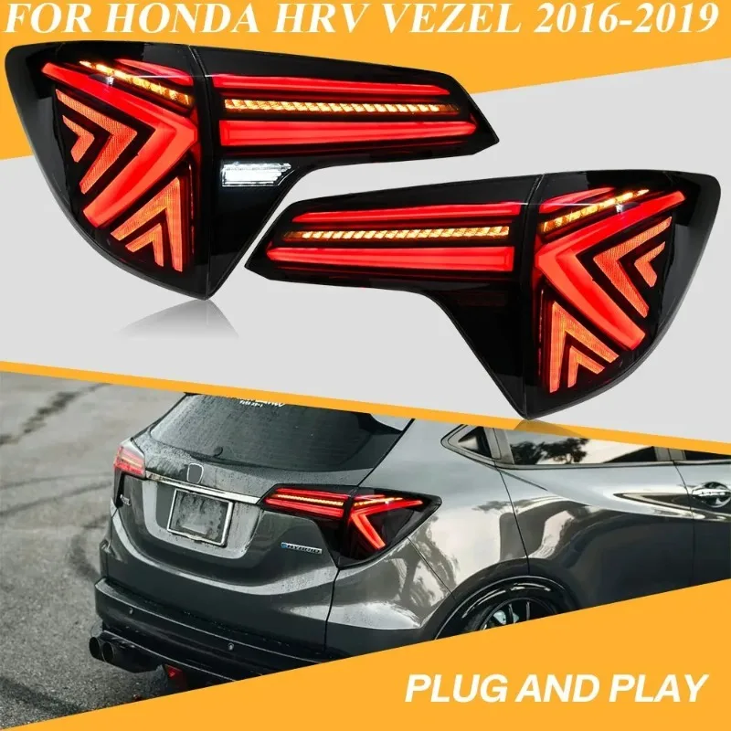 

For Honda HR-V VEZEL 2016-2019 Full LED Tail Lights Pair with Sequential Turn Signal - Black Housing