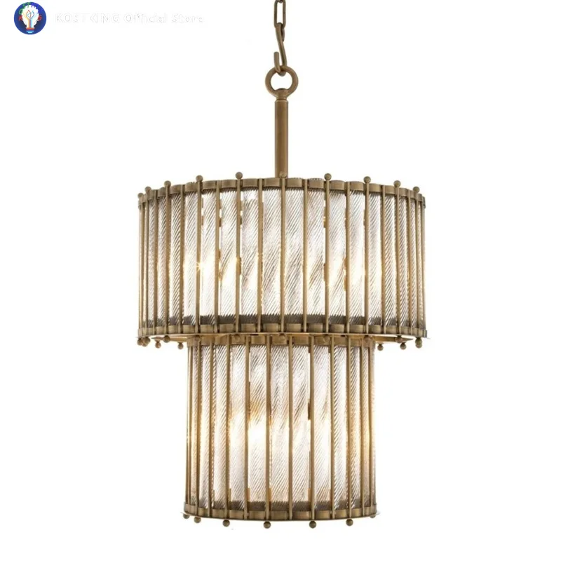 Two-Tier Clear Glass Chandelier Modern Luxury Grand Pendant Hanging Lamp American Brass Lustre Lighting for Living Room