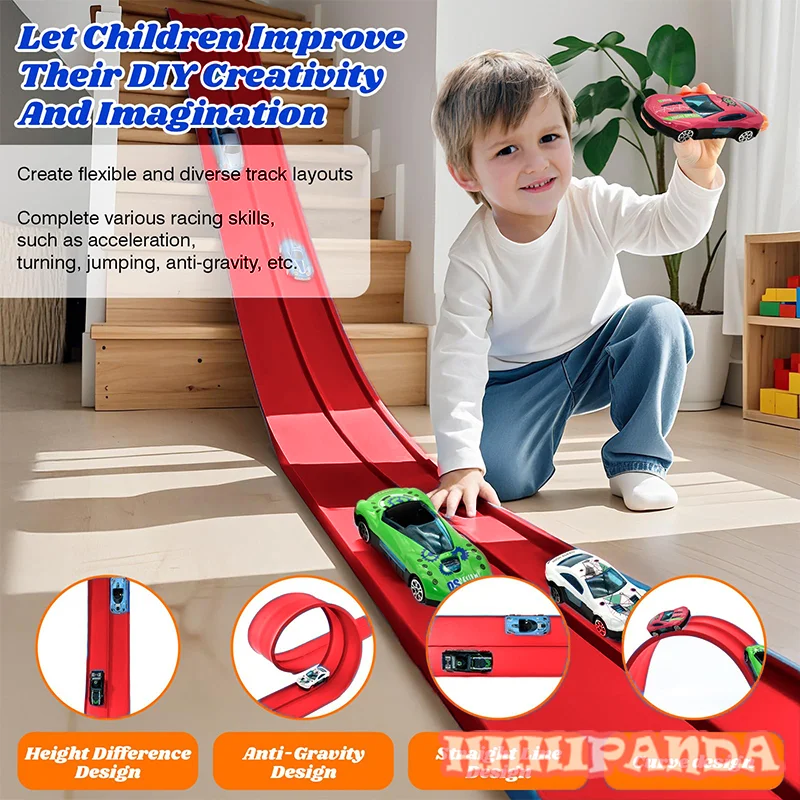 مسار سباق مرن بطول 13 قدمًا و16 قدمًا للأطفال، مسار منحدر سيارة السباق مع أكواب شفط و4 سيارات سباق صغيرة
