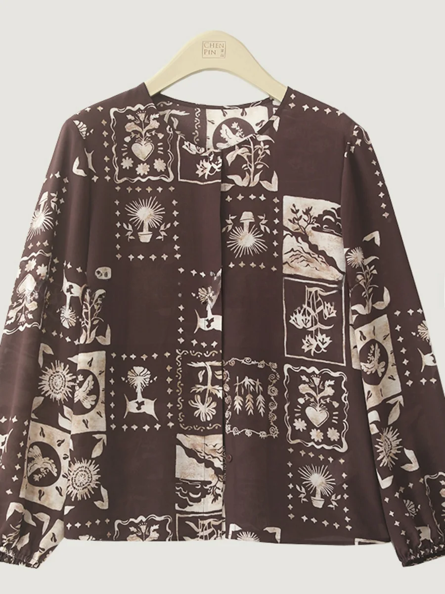 

Silk Long Sve irt Women's Retro Print Authentic Silk irt Summer Slimming Faionable Top Heavyweight Silk irt