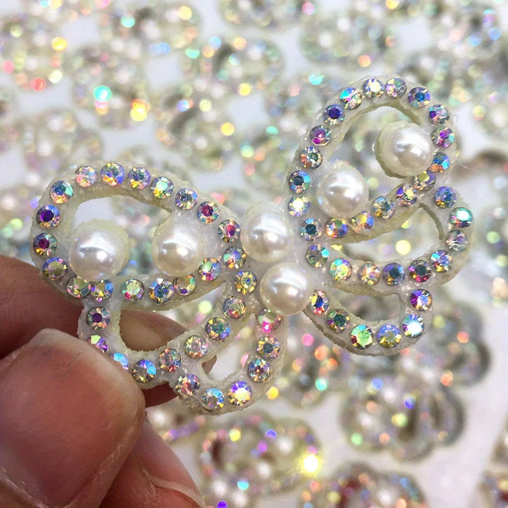 

10PCS Silvery Hot Drilling Pearl Rhinestone Non-woven Butterfly Pattern Cloth Sticker Hairpin Headwear DIY Clothing Jacket Shoe