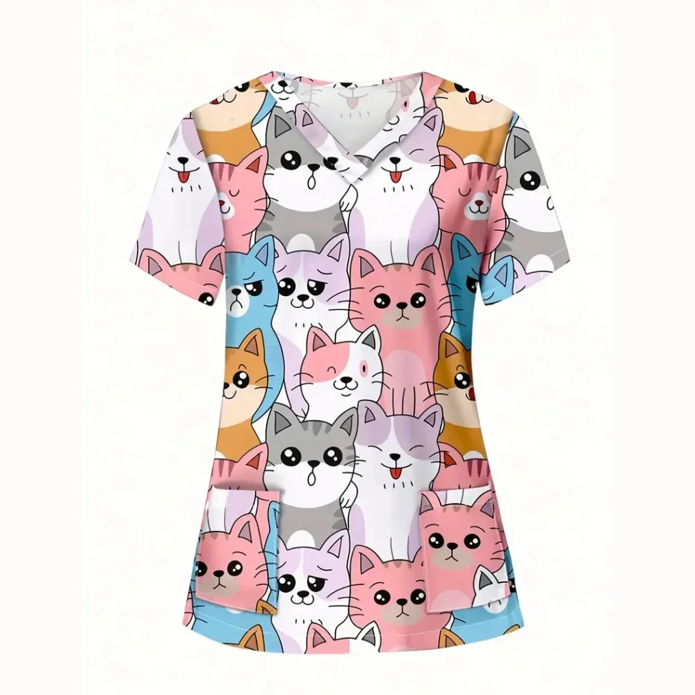 Клиническая униформа, женская модная ветеринарная форма с милым котом и мультяшным принтом, топы для кормления с карманами, летняя хирургическая униформа с короткими рукавами, женская