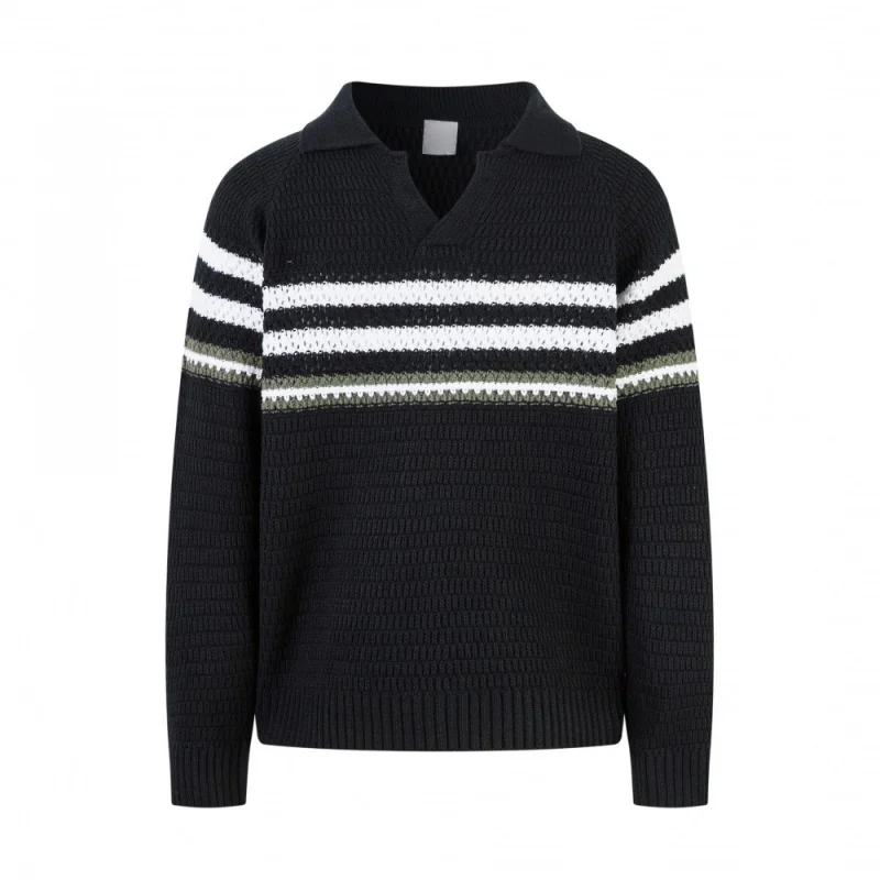 Men's New Arrival Polo Collar Sweater Striped Vintage Knitted Pullover Casual Long Sleeve Fashion Versatile Fall Winter Top
