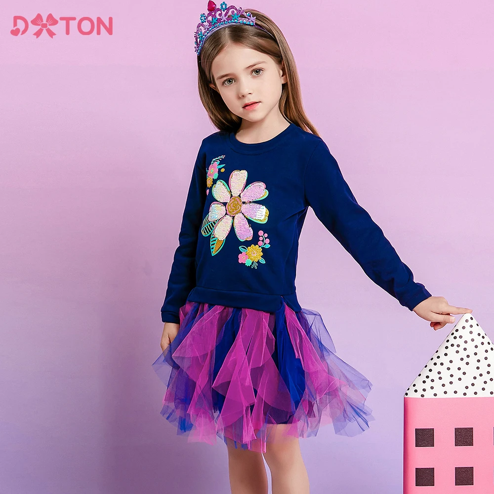 

DXTON Girls Clothing Autumn Winter Flower Sequined Long sleeve Shirt Stitching Sweater Dresses Girls Mesh Princess Cotton Dress