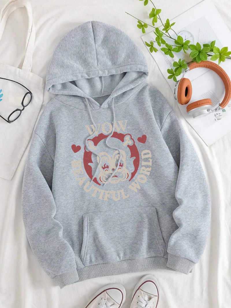 Beautiful World Hoodie Women Black Animal Printing Sweatshirt Pocket Loose Fleece Warm Pullover Winter Comfortable Woman Clothes