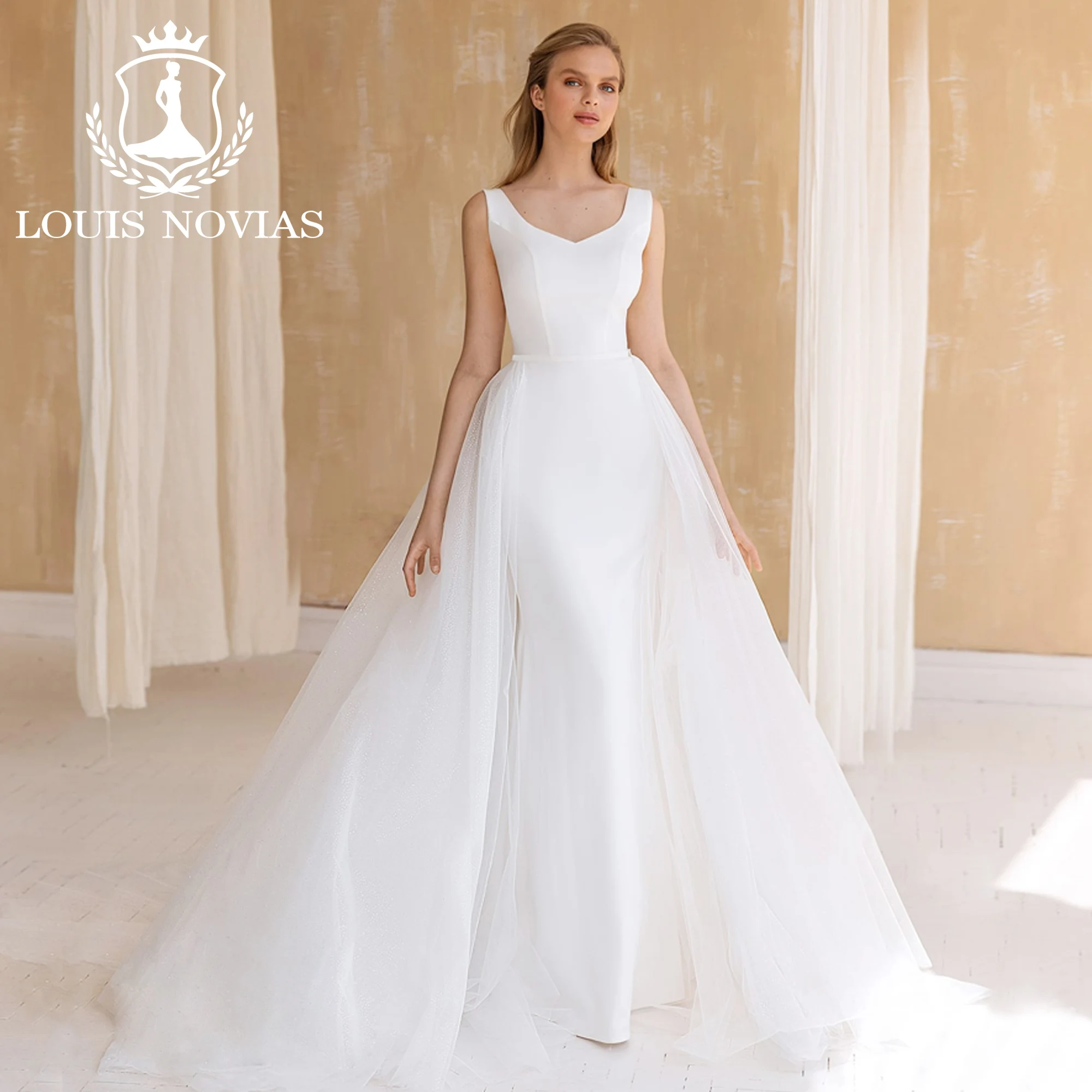 LOUIS NOVIAS Wedding Dress Mermaid Style 2023 Sexy Square Collar Detachable Train Sheath Wedding Gown Vestidos Novias De Saten