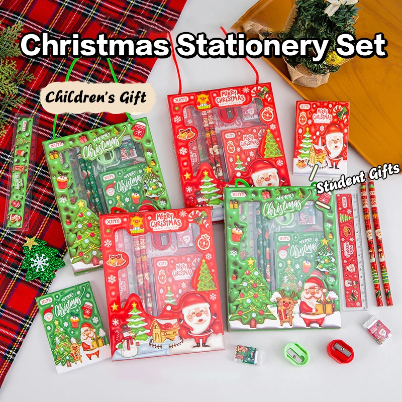 6 stks/set Kerst Briefpapier Set Geschenkdoos Potlood Gum Heerser Memo Puntenslijper Set Kerstcadeaus Voor Leerlingen