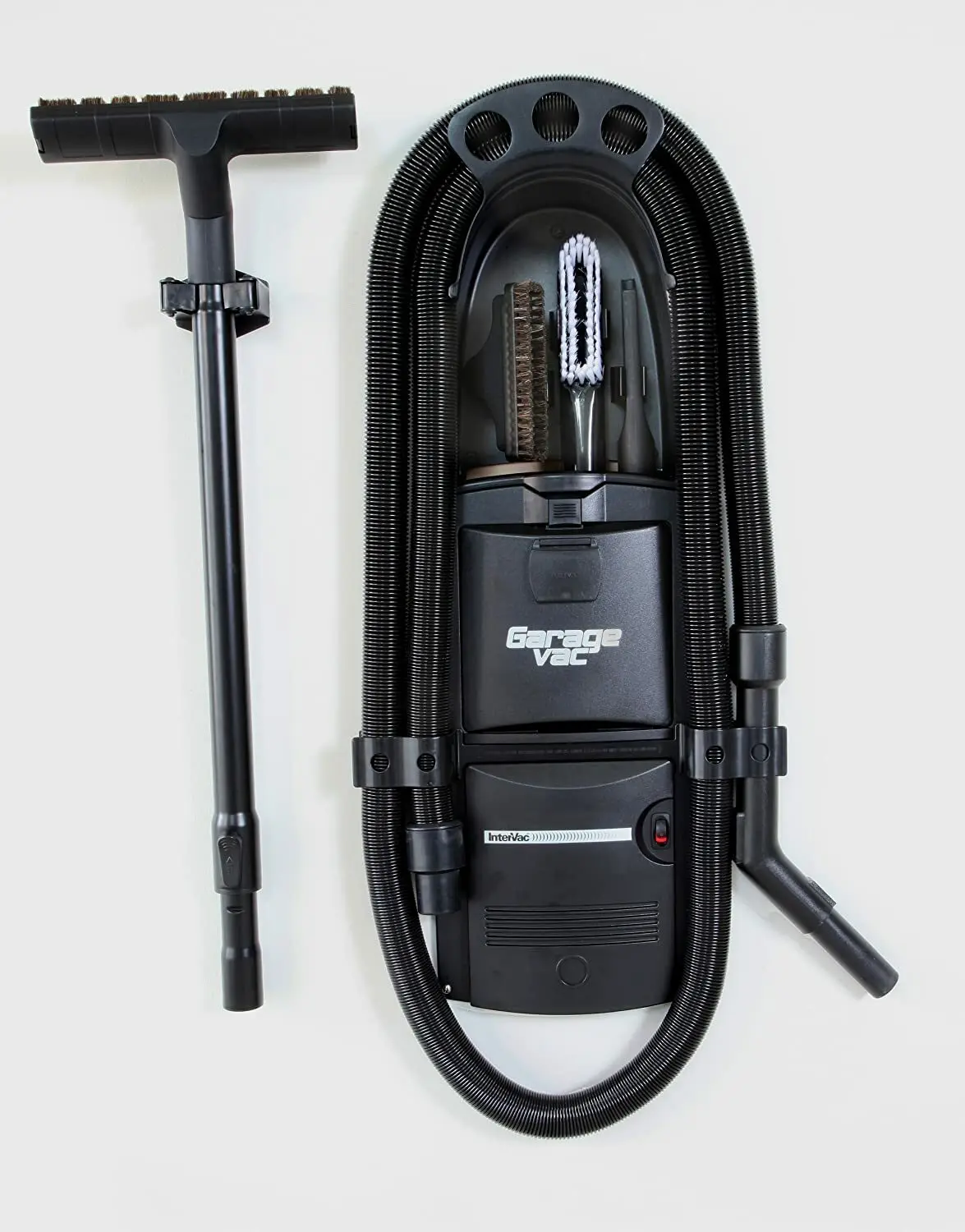 

Black wall mounted garage vacuum cleaner and accessories