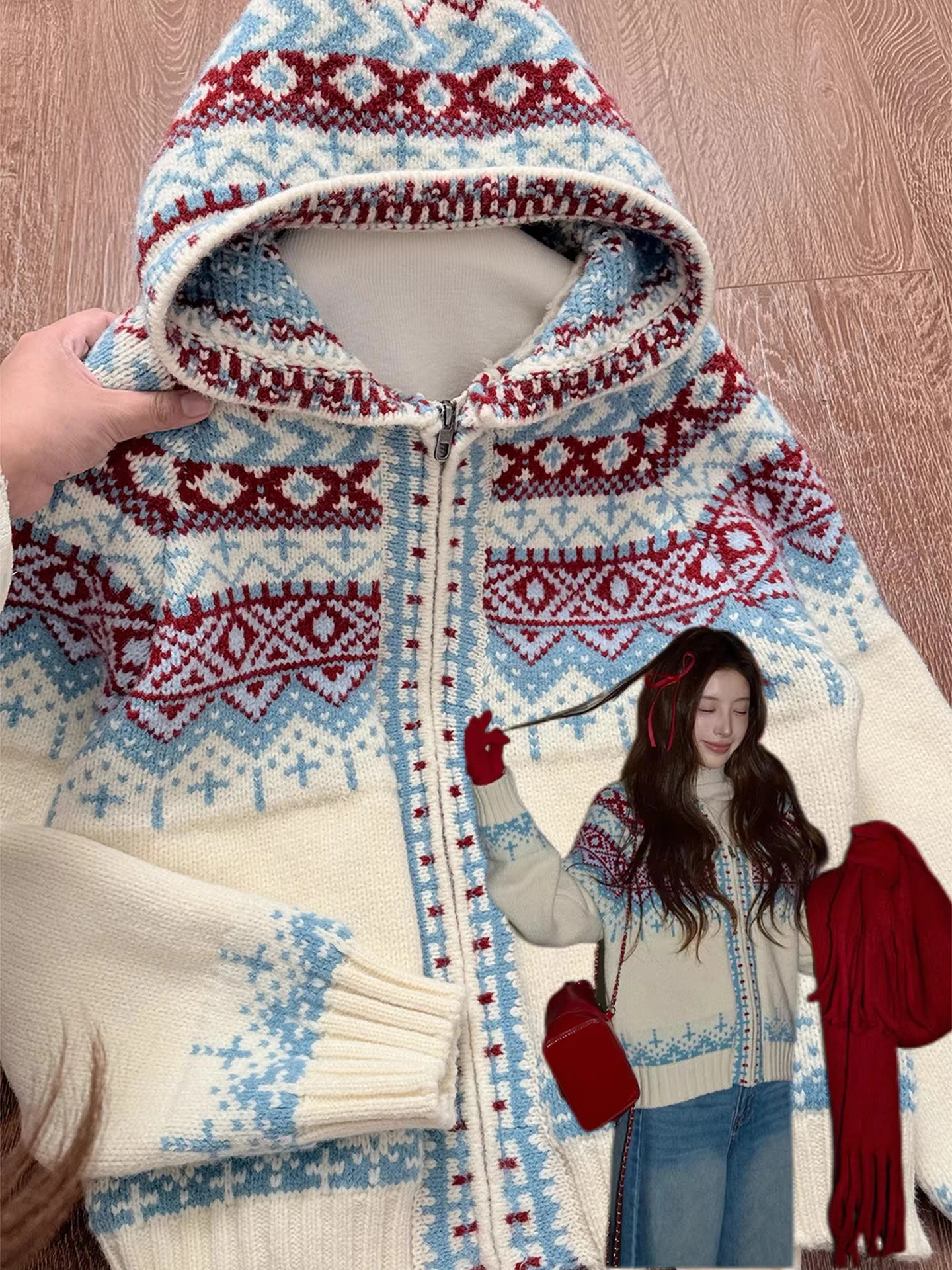 

Мужская зимняя толстовка Color Blo Knitted Sweatirt: Новогодний образ, уютный стиль, на молнии, с длинными рукавами, геометрический принт