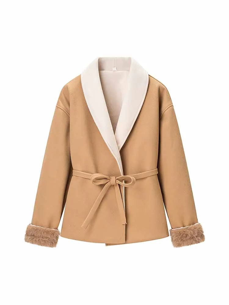 HH 女性用春ファッション 多用途 長袖 ラペル レースアップ装飾 スイートスタイルコート 女性用ゆったり快適暖かいコート