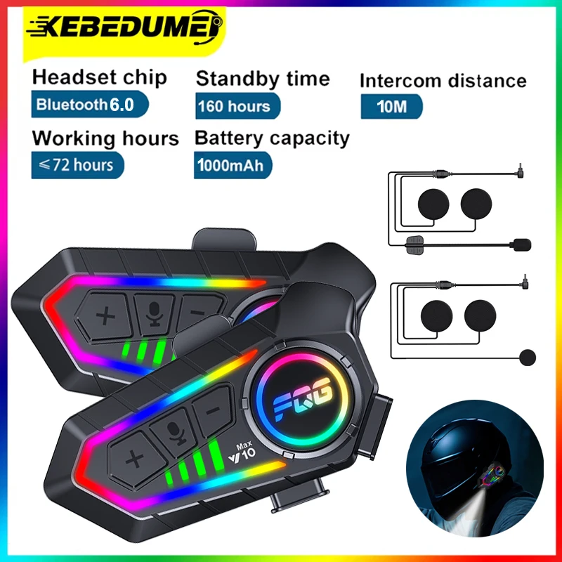 Y10 MAX Motorcycle Helmet Intercom Wireless Bluetooth Headset  Intelligent Noise Reduction Earphone with RGB Ambient Light