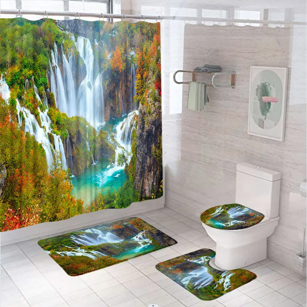 

Forest Waterfall Shower Curtain Set Rug Toilet Lid Cover Bath Mat Nature Scenic Tropical Rainforest Landscape Bathroom Curtains