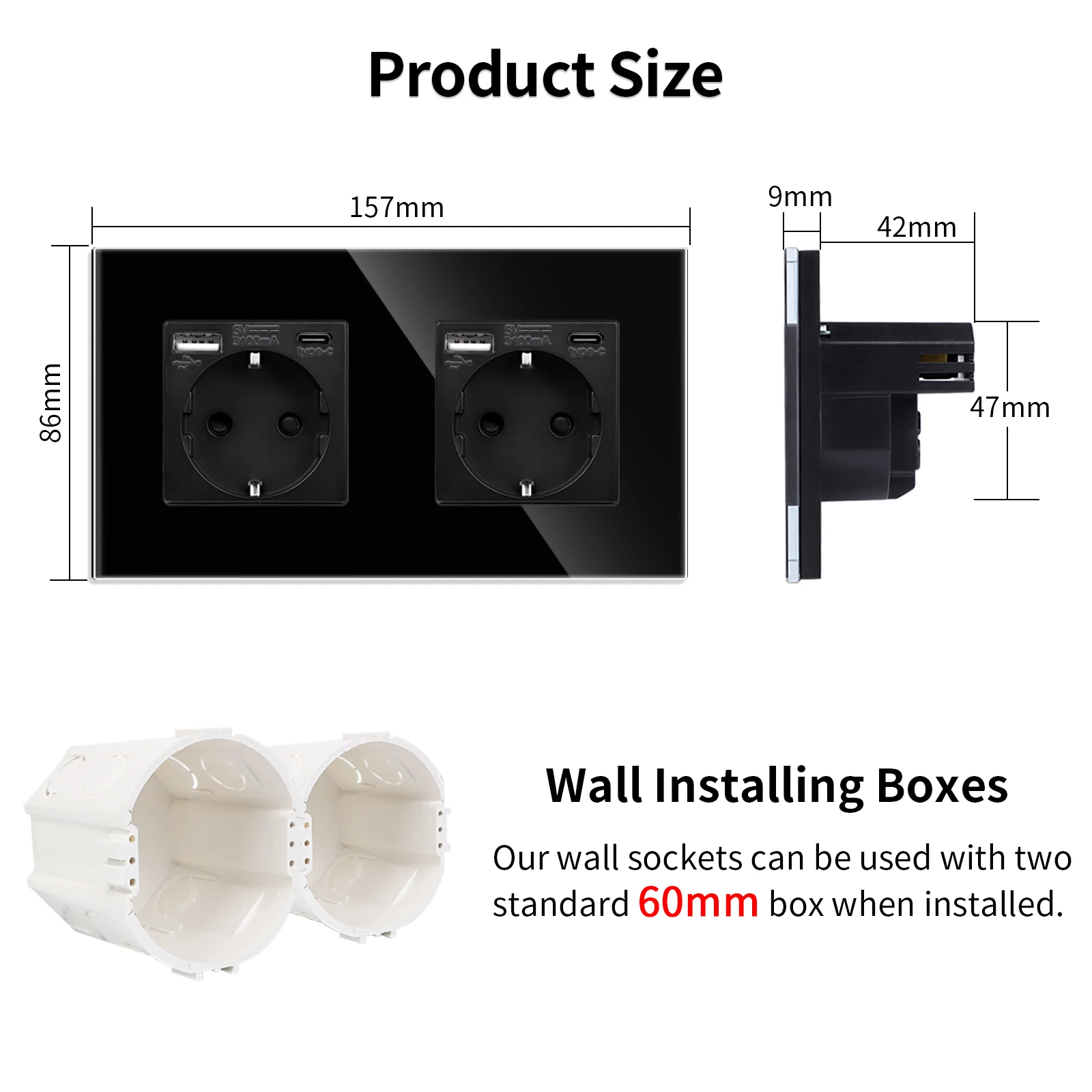 Bingoelec EU Power Socket Electrical Outlets with USB Type-C Phone Fast Charger Port 3.1A 20W Wall Schuko Crystal Glass Panel